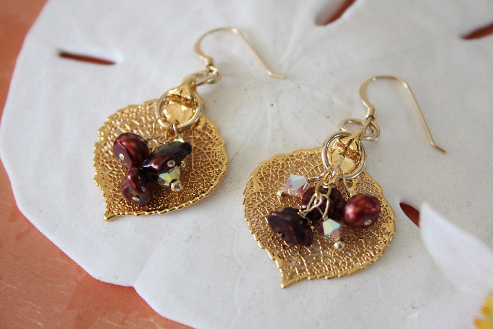 Gold Leaf Pearl Earrings, Aspen Earrings Gold, Real Leaf Earrings, Gold Aspen