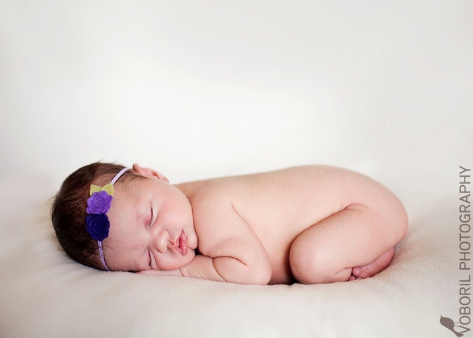 Baby Headband - Wool Felt Flower Headband Bouquet - Rose Duo in Purples  For Newborn, Child or Adults