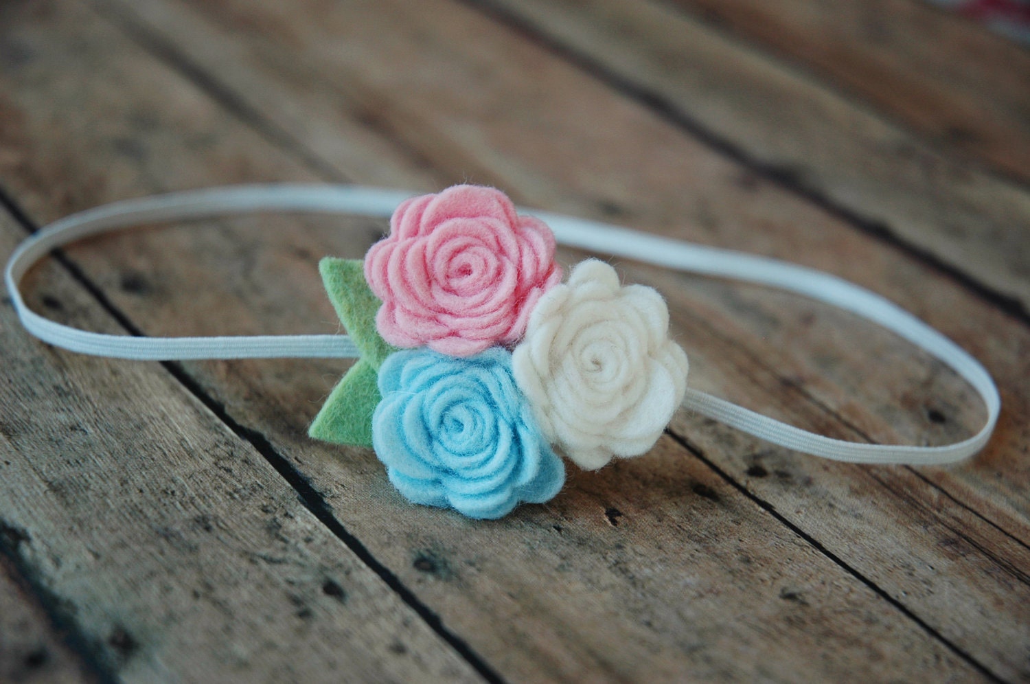 Felt  Baby Flower Headband - Rose Trio - Baby Felt Flower Headband in White, Blue, and Soft  Pink Photo Prop