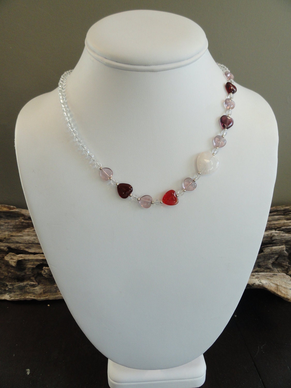 Reduced-Beaded Necklace-Asymetrical Hearts and Glass beads-Reduced-Valentines Day Gift Idea-Free Shipping in the USA