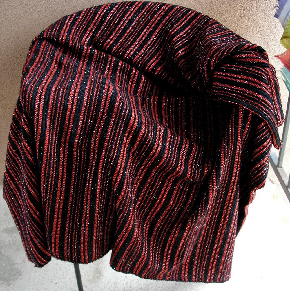Black and Red Woven Vintage Fabric with Metallic Stripe- Yardage, Woven Vintage Textile