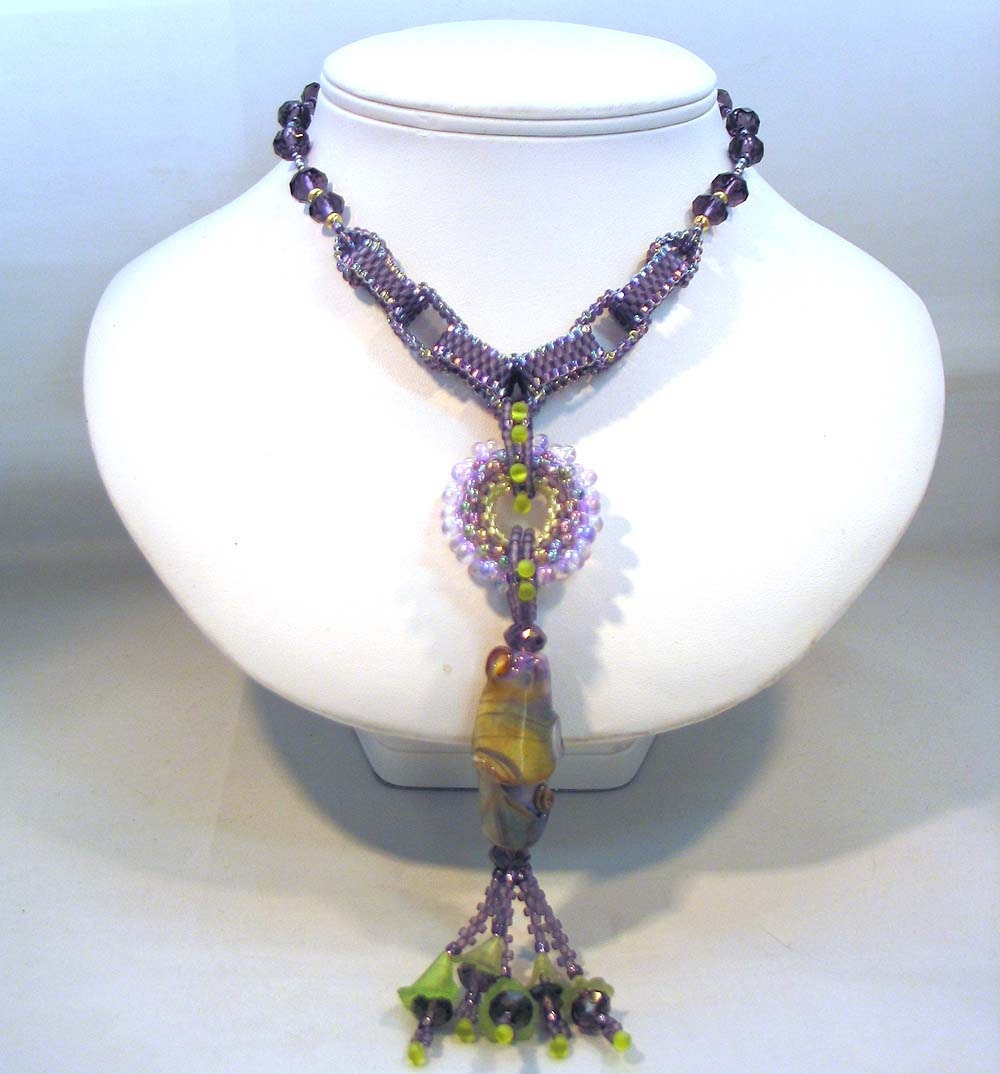 Bead Tutorial Peyote Stitch Chain Lampwork Necklace or Bracelet with beaded disc pattern instructions