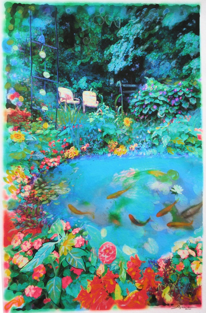 The summer garden,11x17, Original, Signed, Fine Art photograph, mixed media, blue art, artist garden, Koi, summer, Home decor