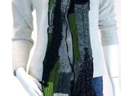 Skinny Scarf, Olive Black and Grey, Felted Collage, Long