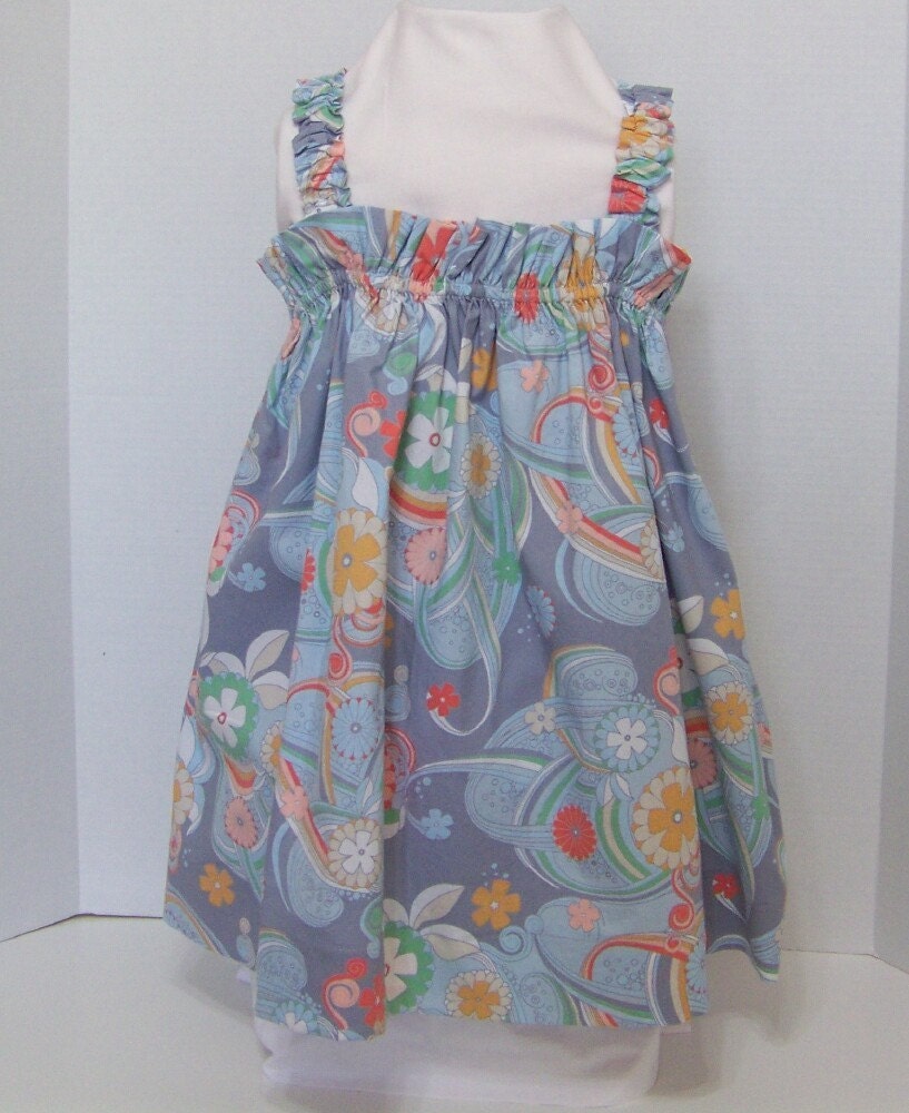 Grey/Blue Print Dress or Top with Shirred Elastic Top and Straps
