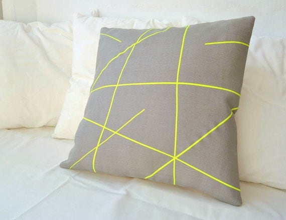 Grey linen with neon yellow stripes pillow cover, modern graphic design for your home, Mikado Series