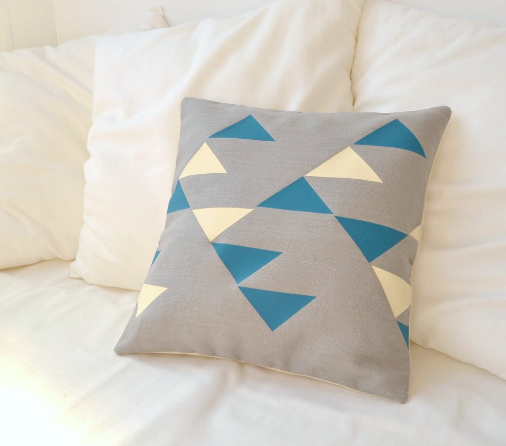Decorative grey linen pillow cover with geometric tribal pattern