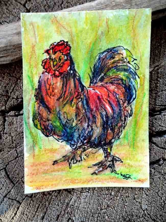This Rooster is Stepping Out to meet his hen - OOAK ACEO mixed media painting