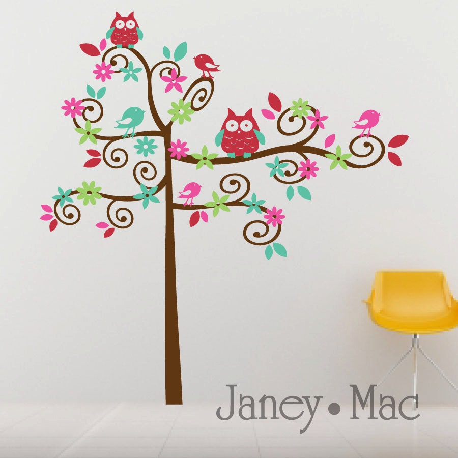 Swirl Wall Decals Tree Nursery - Vinyl Wall Art Tree with Owls Birds and Flowers - Kids Bedroom - CT101 - G