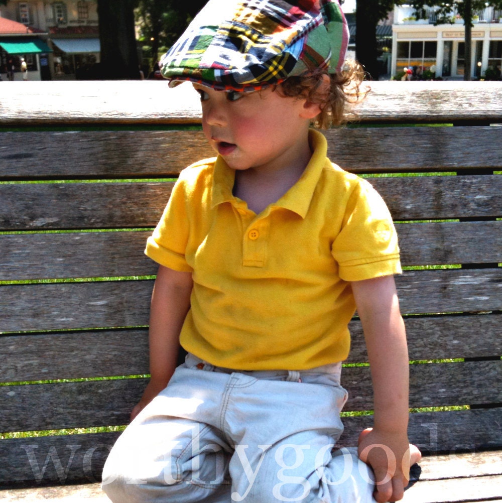 RESERVED TOMOKO Organic Flat Cap - 12-24/2-4 Bright Madras & Brown Madras Preppy Nautical Style Newsboy Summer Hat