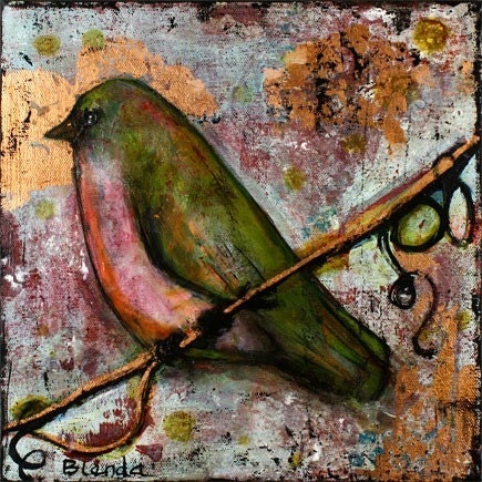 Art Wall Decor Bird on Branch Signed Archival Print 8X8 Rustic Emerald Green