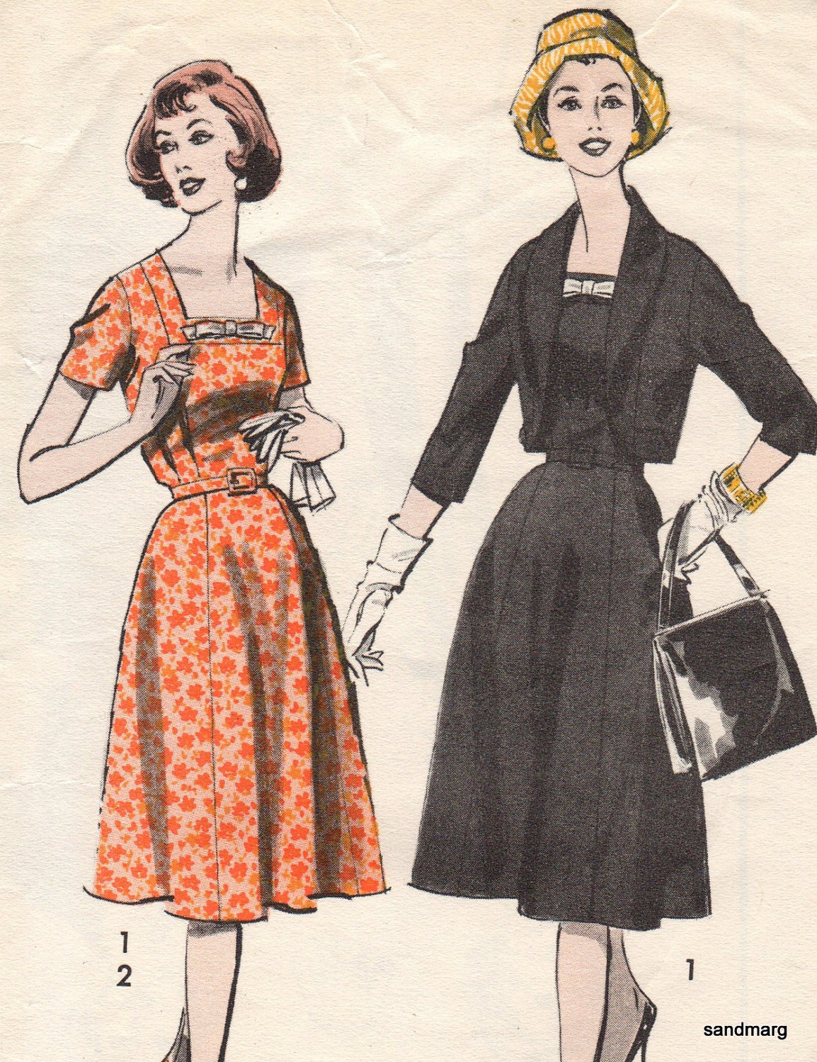 Vintage Advance 9060 Pattern Square Neck Dress Six Gore Skirt and Jacket Sewing Pattern Size 18.5  Bust 39