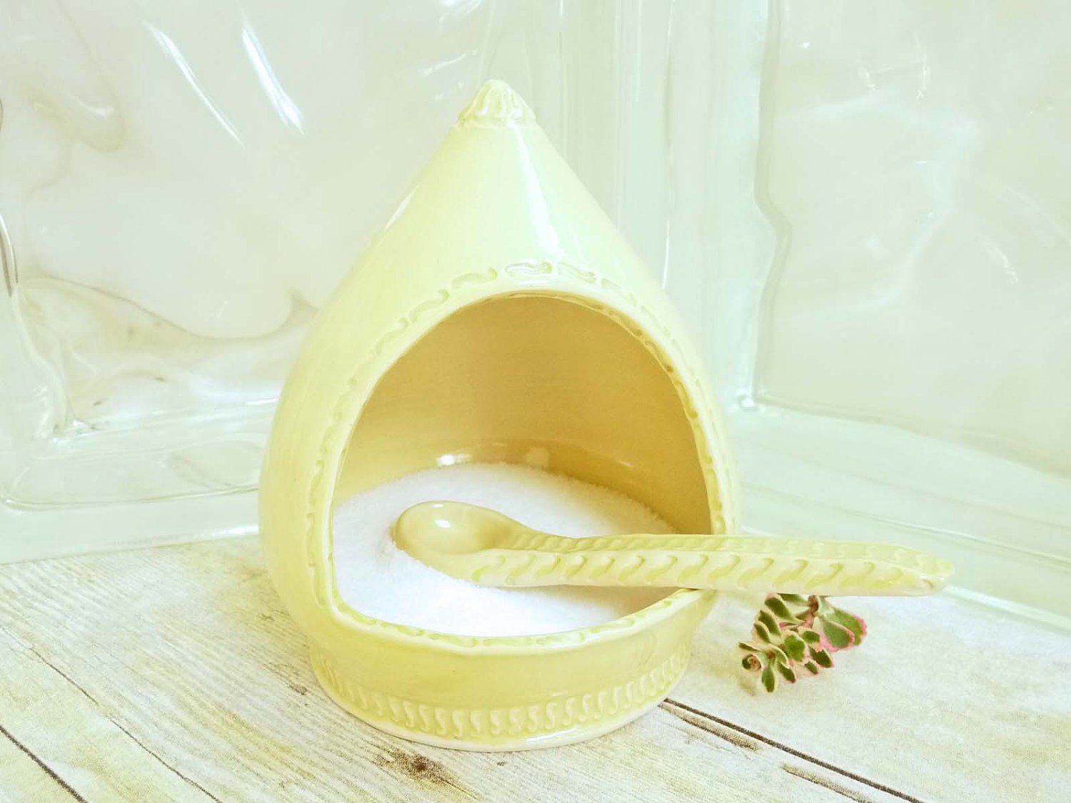 French Salt Pig Handcrafted Spoon Pastel Lemon Yellow Salt Cellar Ceramic Stoneware Pottery For Gourmet Cook Or Kitchen