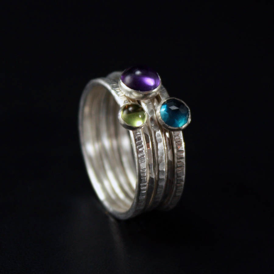 Gemstone Stacking Silver Rings with Amethyst, Topaz and Peridot - set of 5