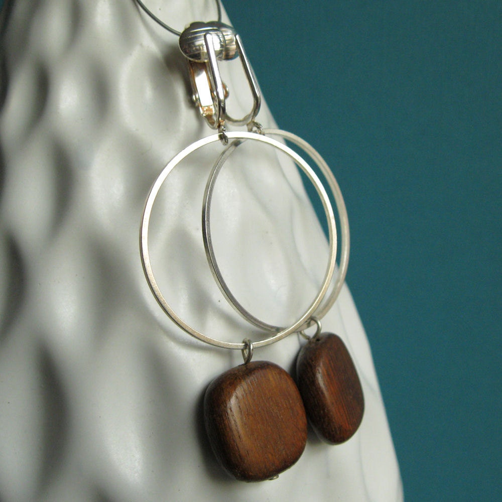Clip On Earrings - Modern Silver and Wood Drop Earrings