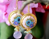 Blue Topaz quartz , Mauve Pink Chalcedony gemstone earrings with Brass filigree and Clay floral details - A Stroll in the Garden