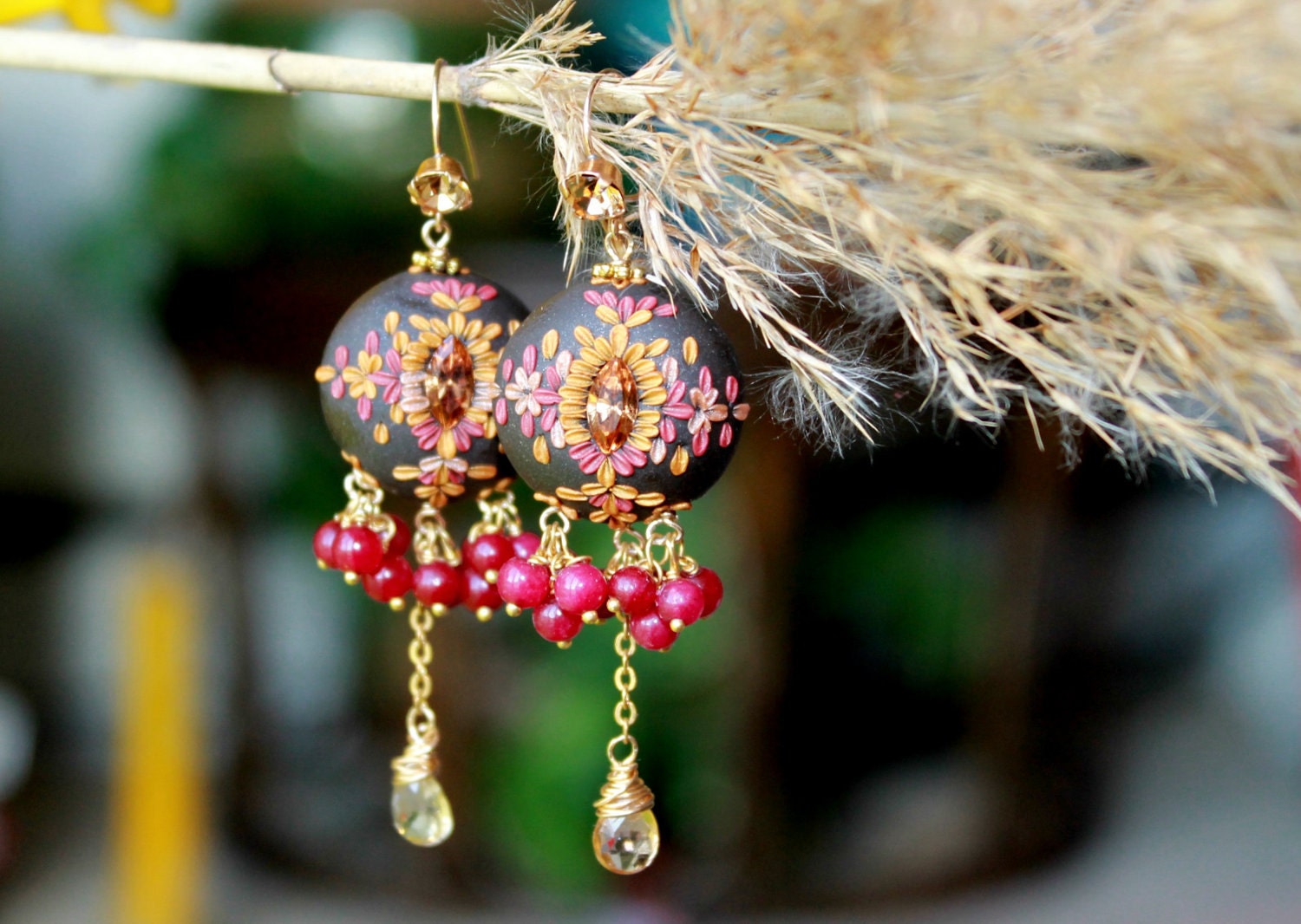 Imperial yellow topaz , Deep Pink Jade with clay floral detail and crystal  - Bali 24k vermeil earrings  - Dancing with the Forsythias