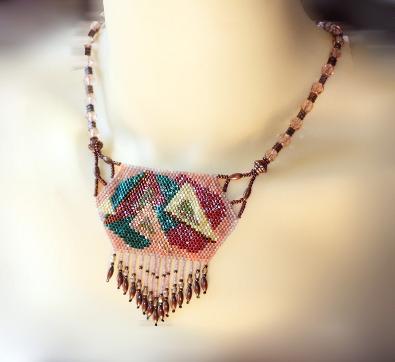 Necklace Bead Weaving Copper Peyote Triangles Mauve, Green