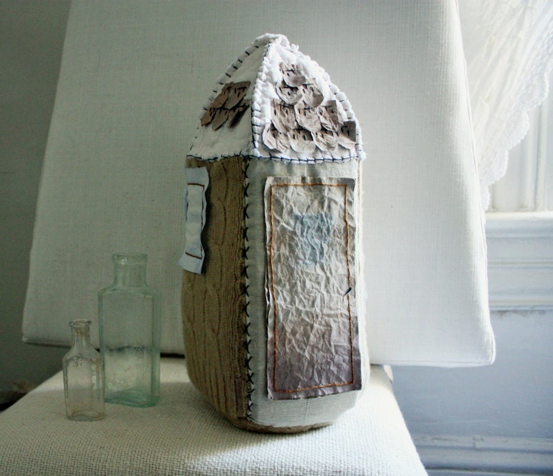 maison haute et étroite. soft sculpture house - textile and paper ready to ship.