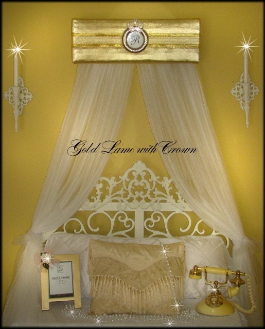 Bed Canopy Crown Tiara Drapes Princess Gold Lame Initial Upholstered ...