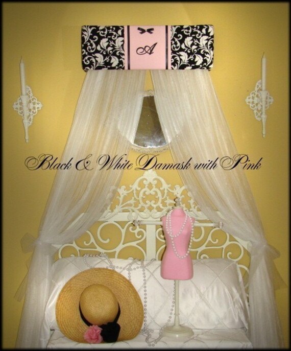 Embroidered Canopy Bed CROWN Damask French Princess Pink Black White ...