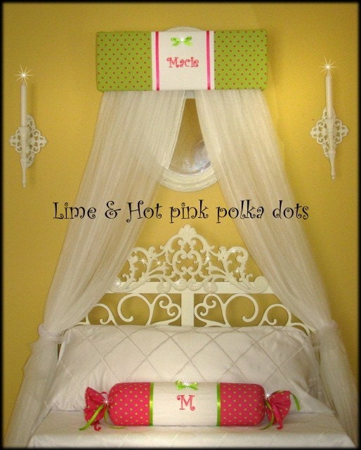 Teester Bed Canopy Crown Princess FrEe Embroidered Lime green Hot pink PoLkA DoTs Personalized Monogram SaLe