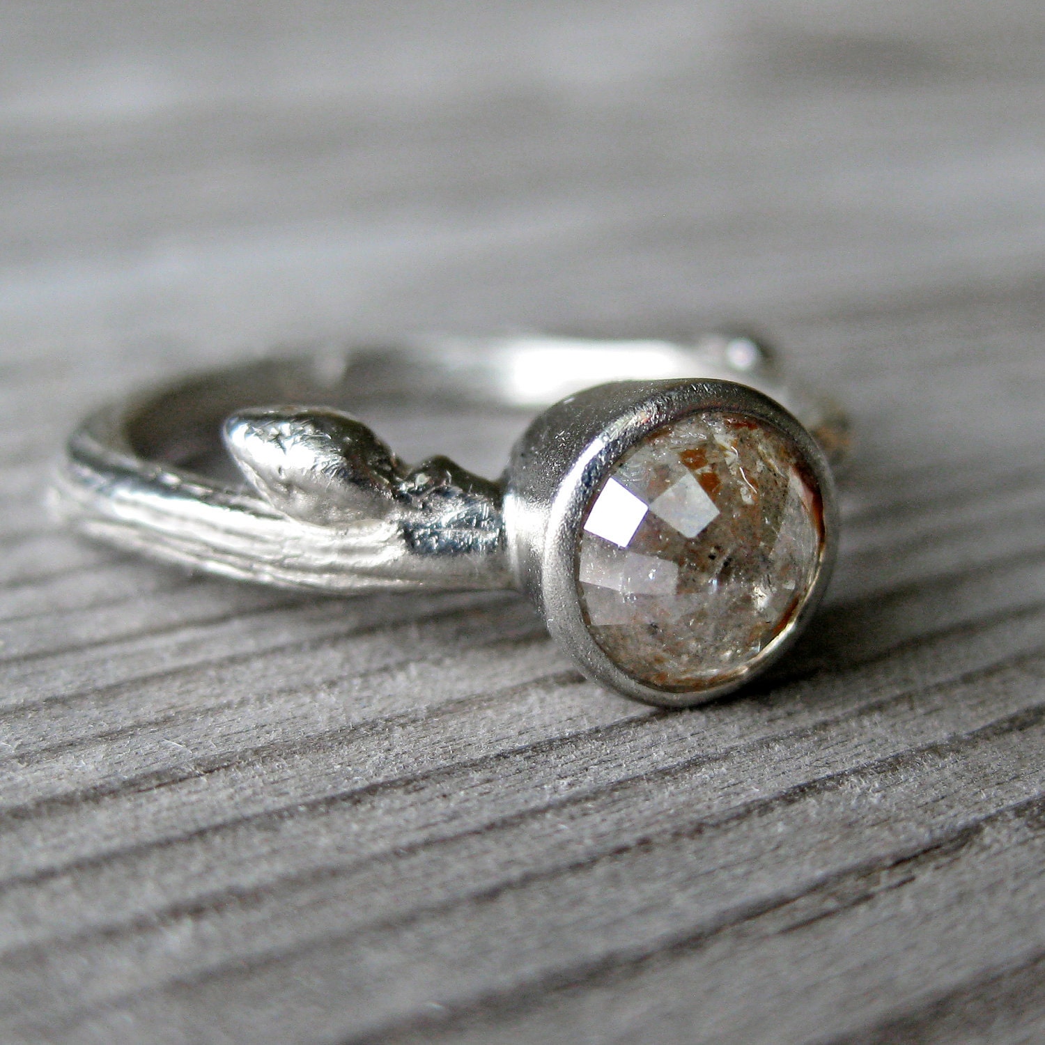 Grey Rose Cut Diamond Twig Ring in White Gold