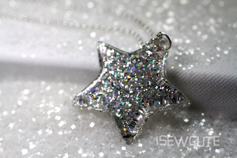 Silver Star Necklace Galaxy Quest ...sparkle resin glitter big rock star pendant necklace ...by isewcute