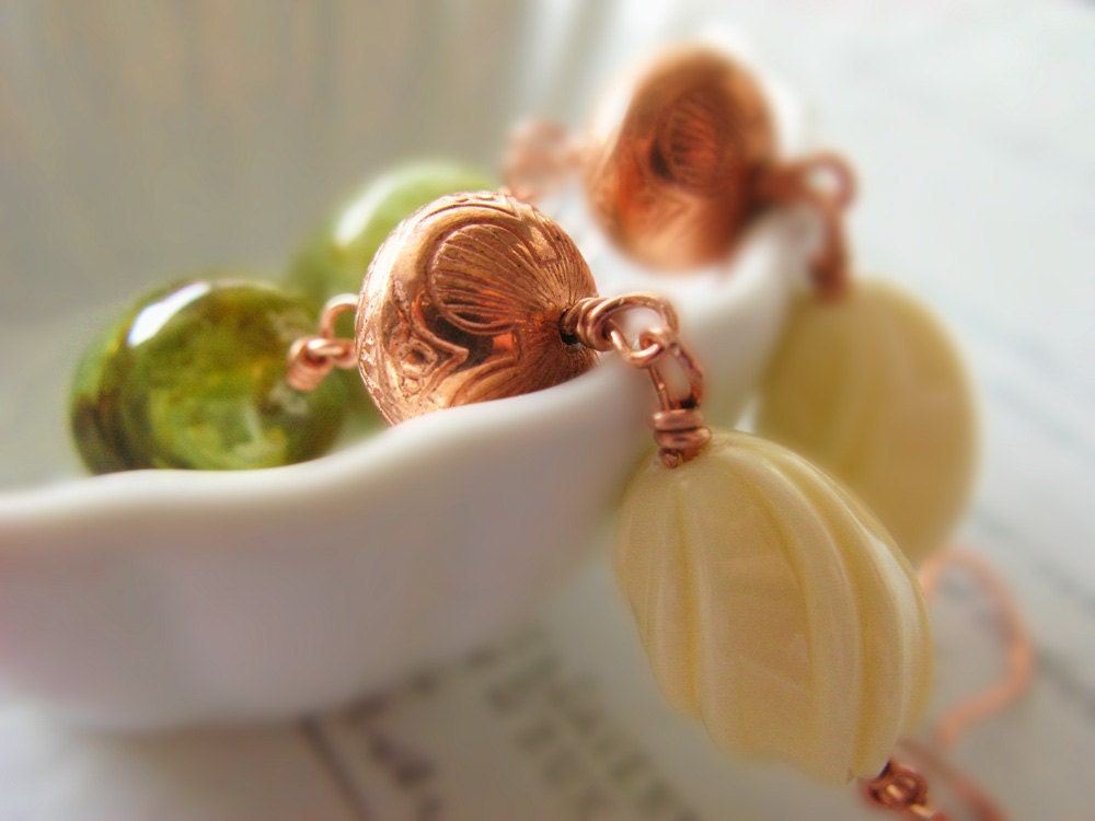 Copper, cream and green vintage bead waterfall earrings. shoulder duster Statement earrings