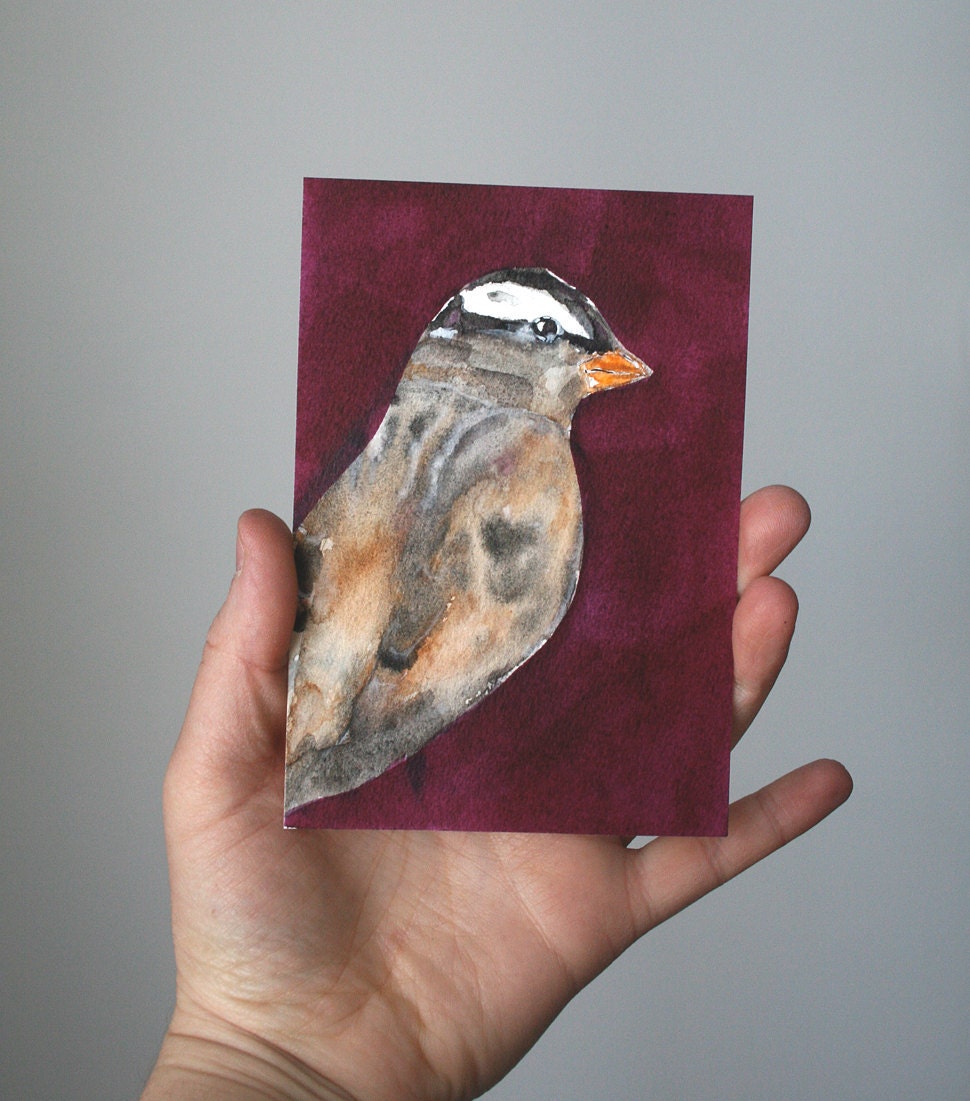 Original Bird Painting  - Sparrow watercolor artwork - purple, brown