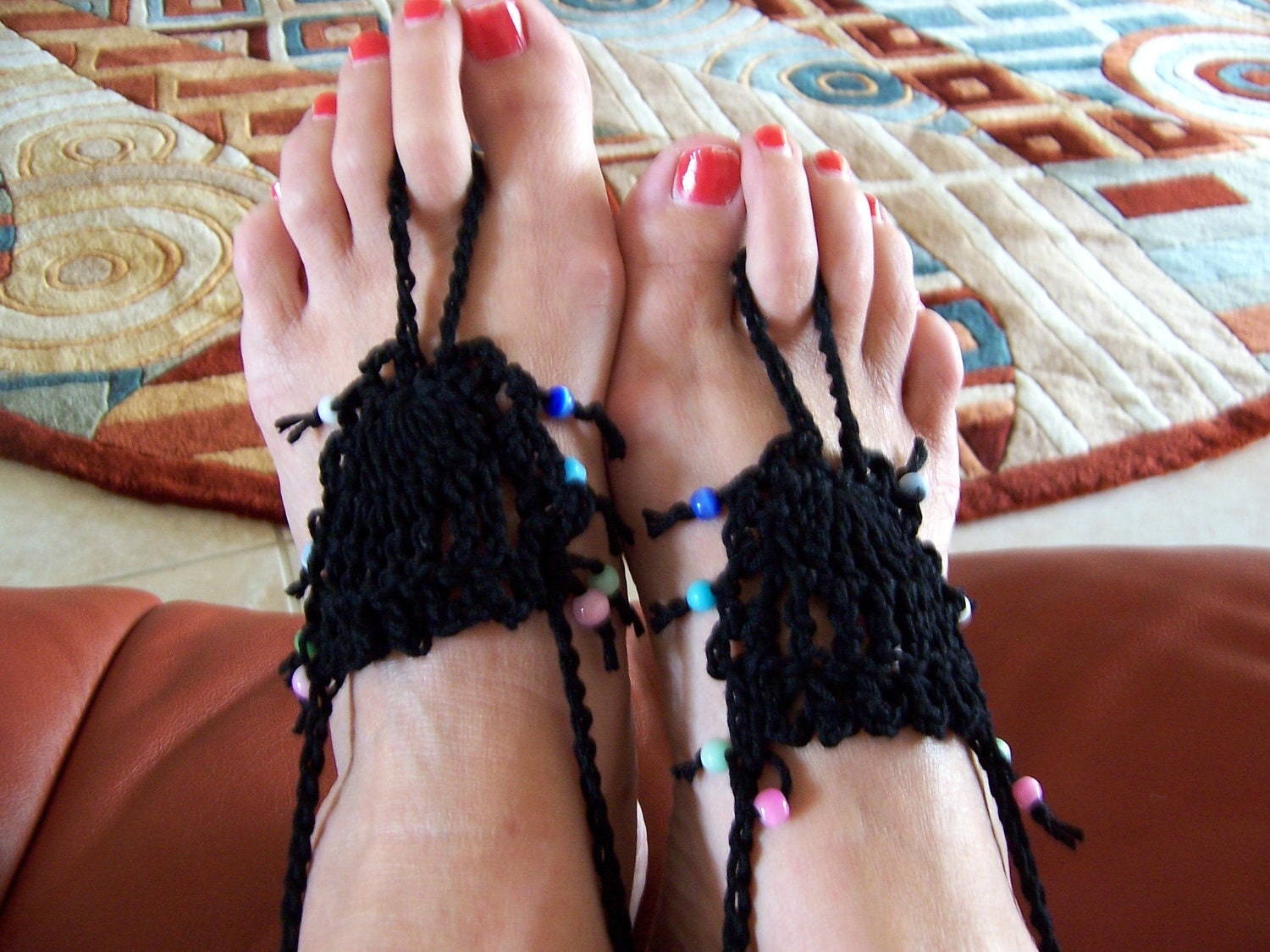 Barefoot Sandals or Fingerless Gloves -  Black Crochet, Beach wear, Wedding, Victorian, Lace, Sexy, Yoga, Pool