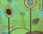 Sunshine Meadows...8 x 10 print...from original mixed media painting and collage Green hills Birds and Flowers