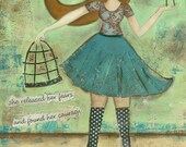 She Released Her Fears....12 x 16 print from original mixed media and collage painting by Kandy Myny Birdcage Girl Blue