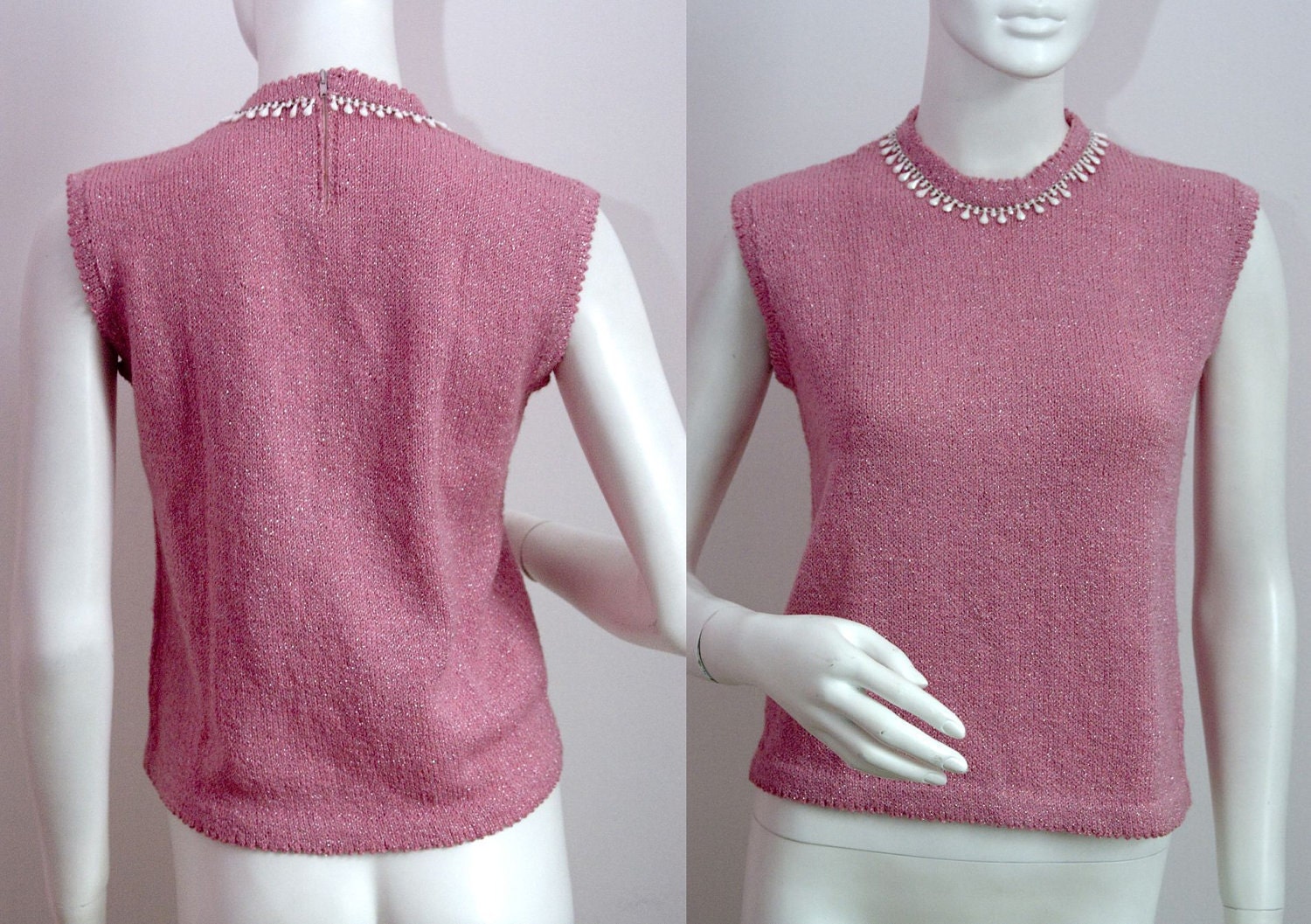 Vintage Sweater 1960s Sleeveless Jumper Pink Silver Beaded Neck Size Small