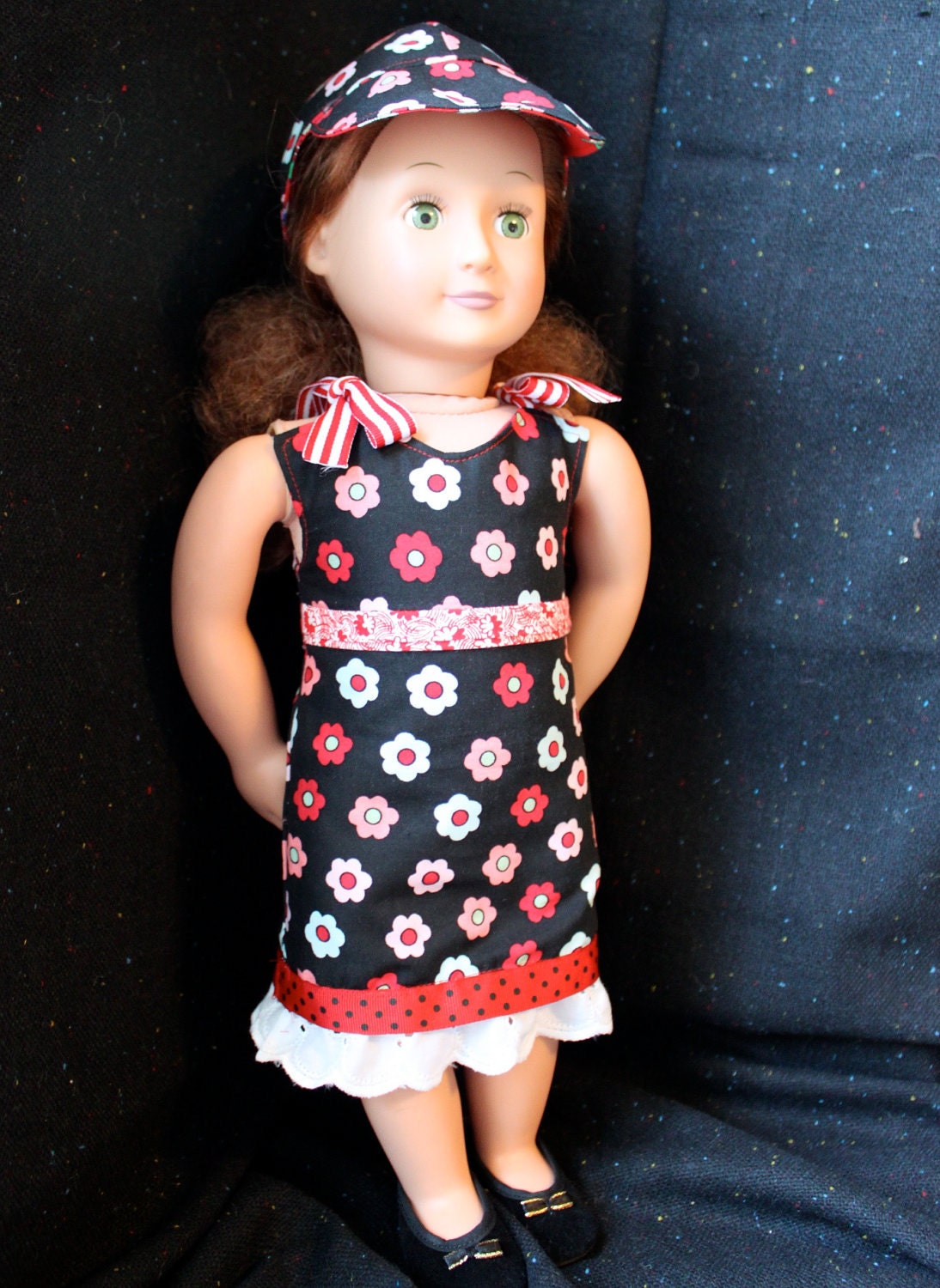 REVERSIBLE Red and Black floral dress and bonus cap -- Dress fits American Girl and other 18 inch dolls