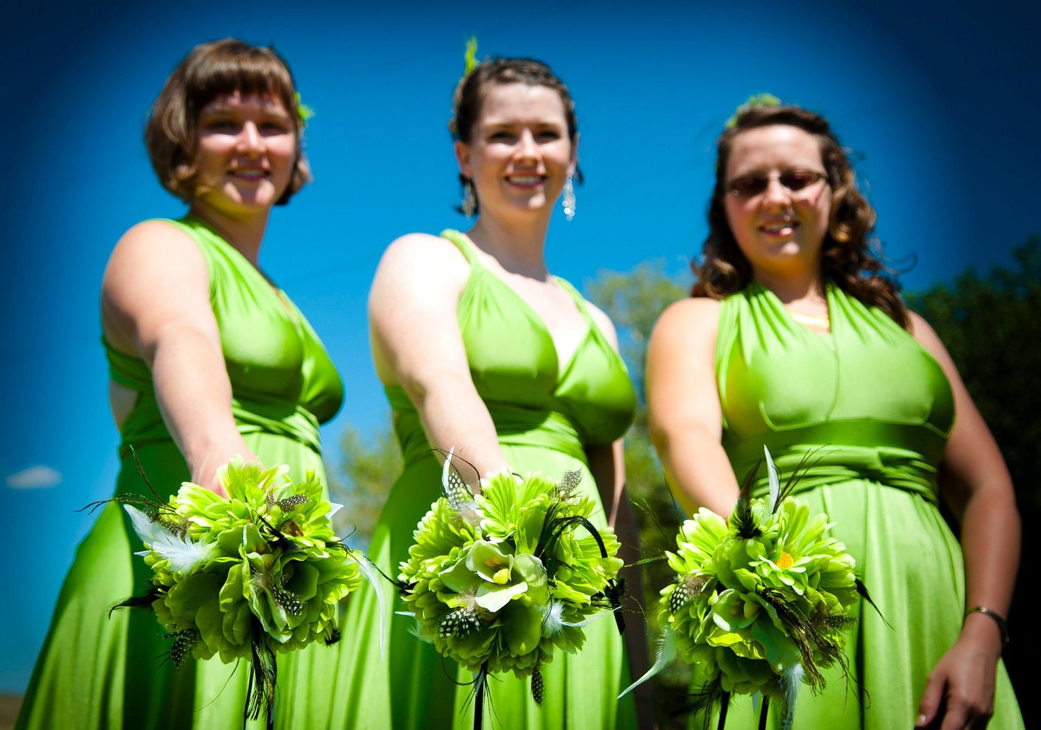 FRESH APPLE Green Wedding Bouquet With Guinea Feathers