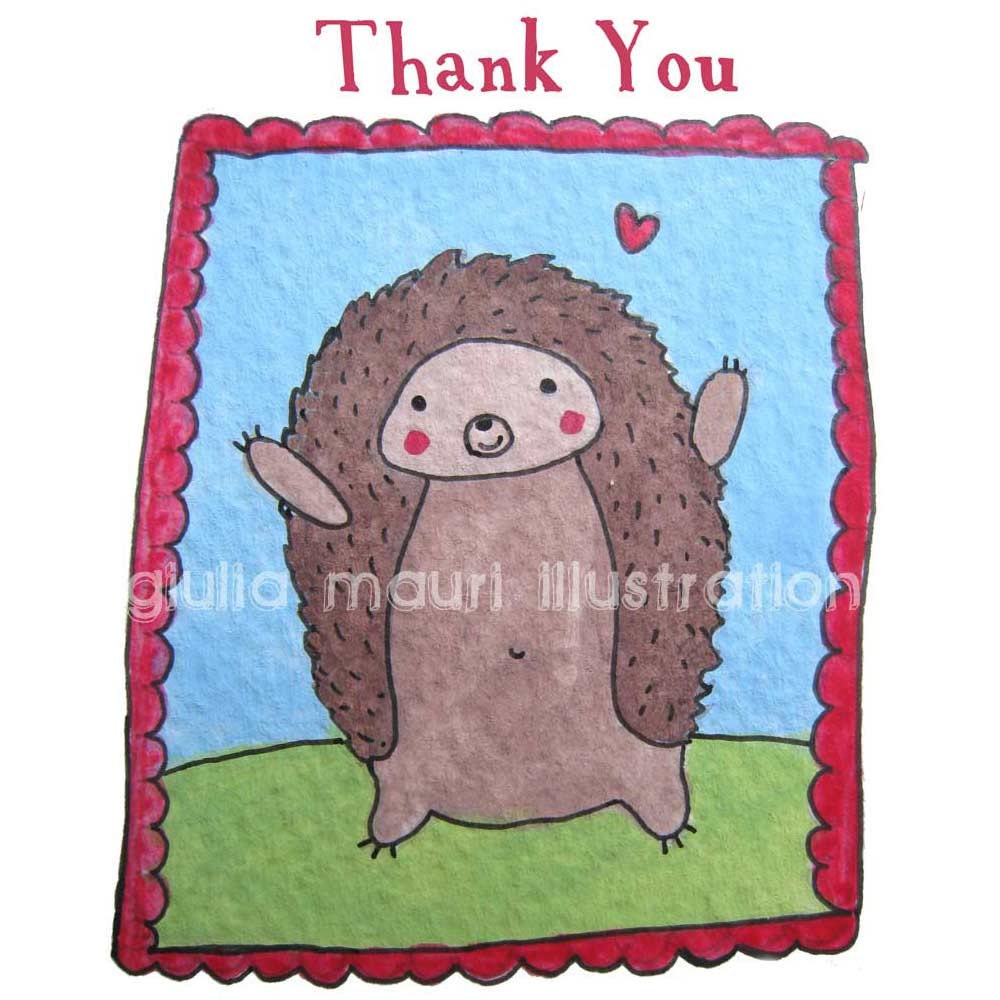 Thank you Card - Made with Recycled Paper - Hegehog Illustration by Giulia Mauri