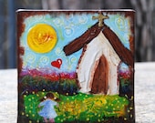 Folk Art church original painting Texture 6x6