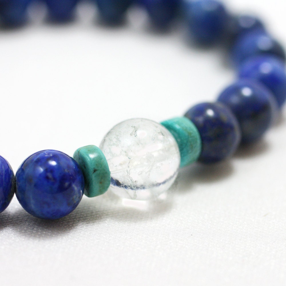 Lapis Lazuli Wrist Mala Bracelet with Turquoise Howlite & Quartz - Yoga and Meditation Mala Prayer Beads