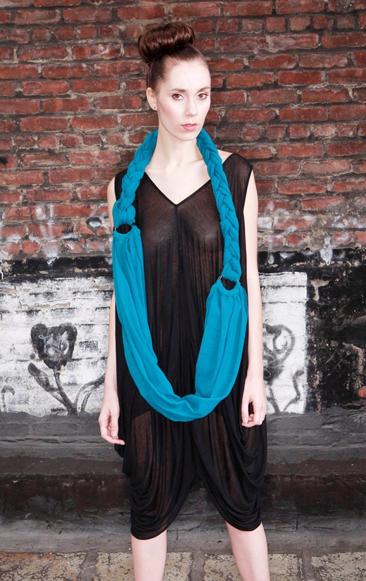 SAMPLE SALE - Spratters & Jayne Spring, Summer Cotton Gauze Crepe Circle Scarf with Black Wood Rings in Teal- Ready to Ship