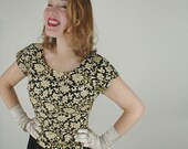60s Black Chiffon and Gold & Silver Embroidered Party Dress M