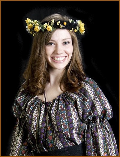 Yellow Roses Braided Black Velvet Romantic Renaissance Faerie Circlet Headdress Headpiece