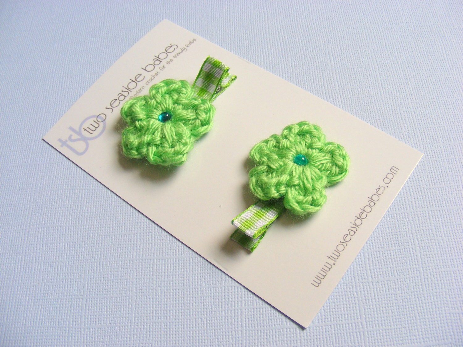 Hair Clips, Crochet Flower Hair Clip Pair, Baby Hair Clips  - Lime Green Gingham Crochet Flower Hair Clips for Baby Girls, Toddler Girls