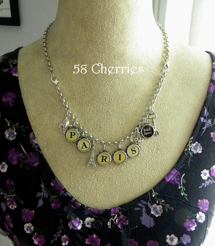 Antique Typewriter Bracelet and Necklace - PARIS with French Charms Fleur de Lis - Steampunk Parisian Romance Eclectic