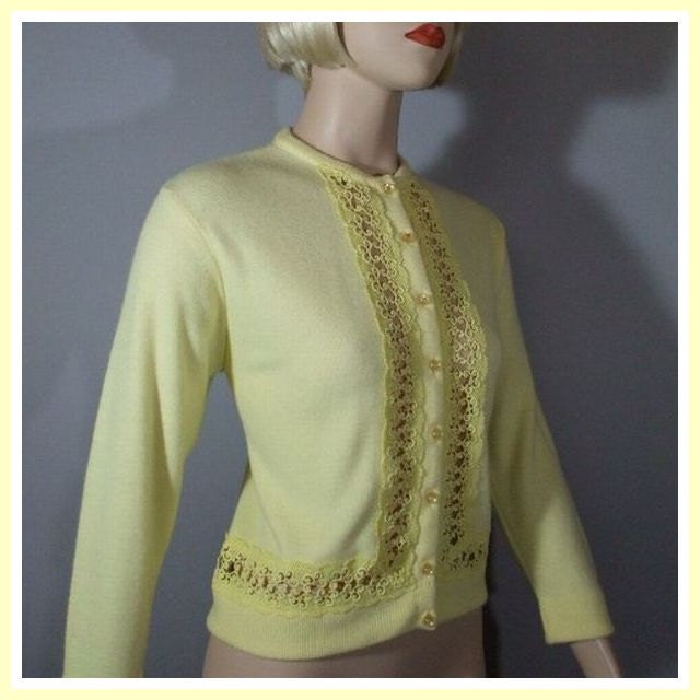 Vintage 60s Sweater /  Yellow Cardigan / Lace Inserts / S M