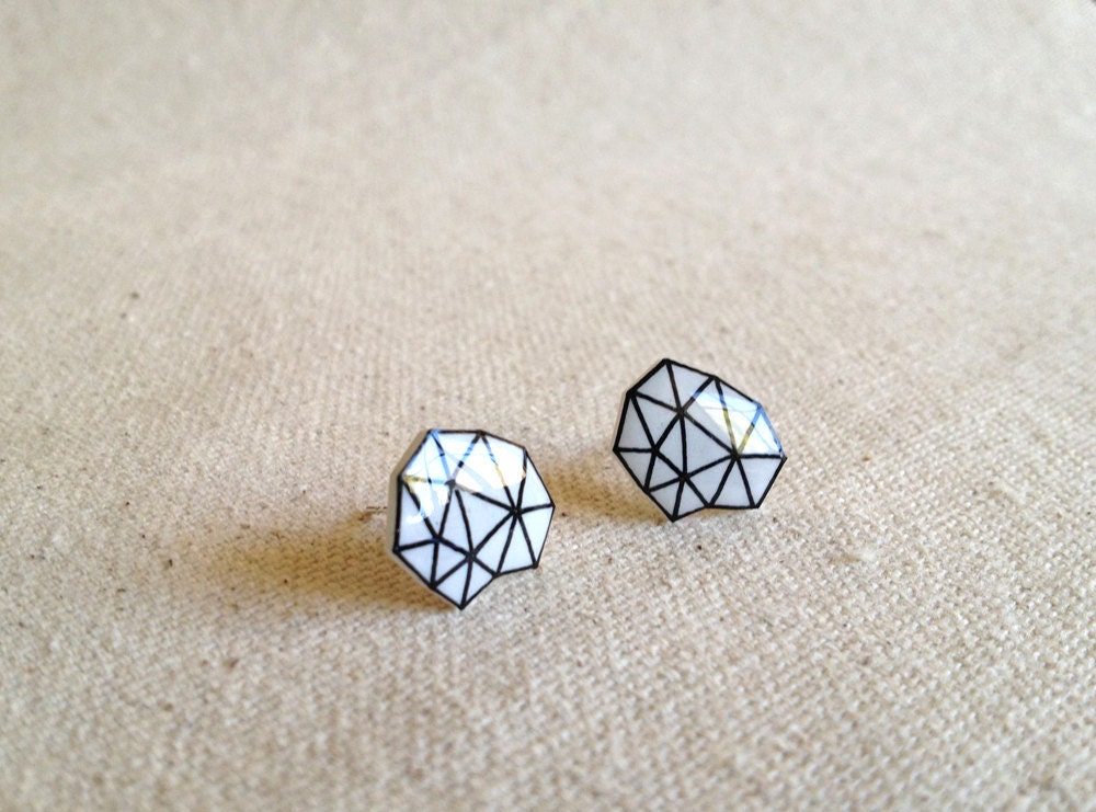 Hand Drawn White Geometric Post Earrings Studs
