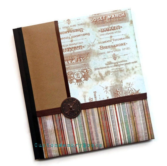 Victorian Scrapbook Guest Book Photo Album Blue Brown Clock Stripes 8.5 x11