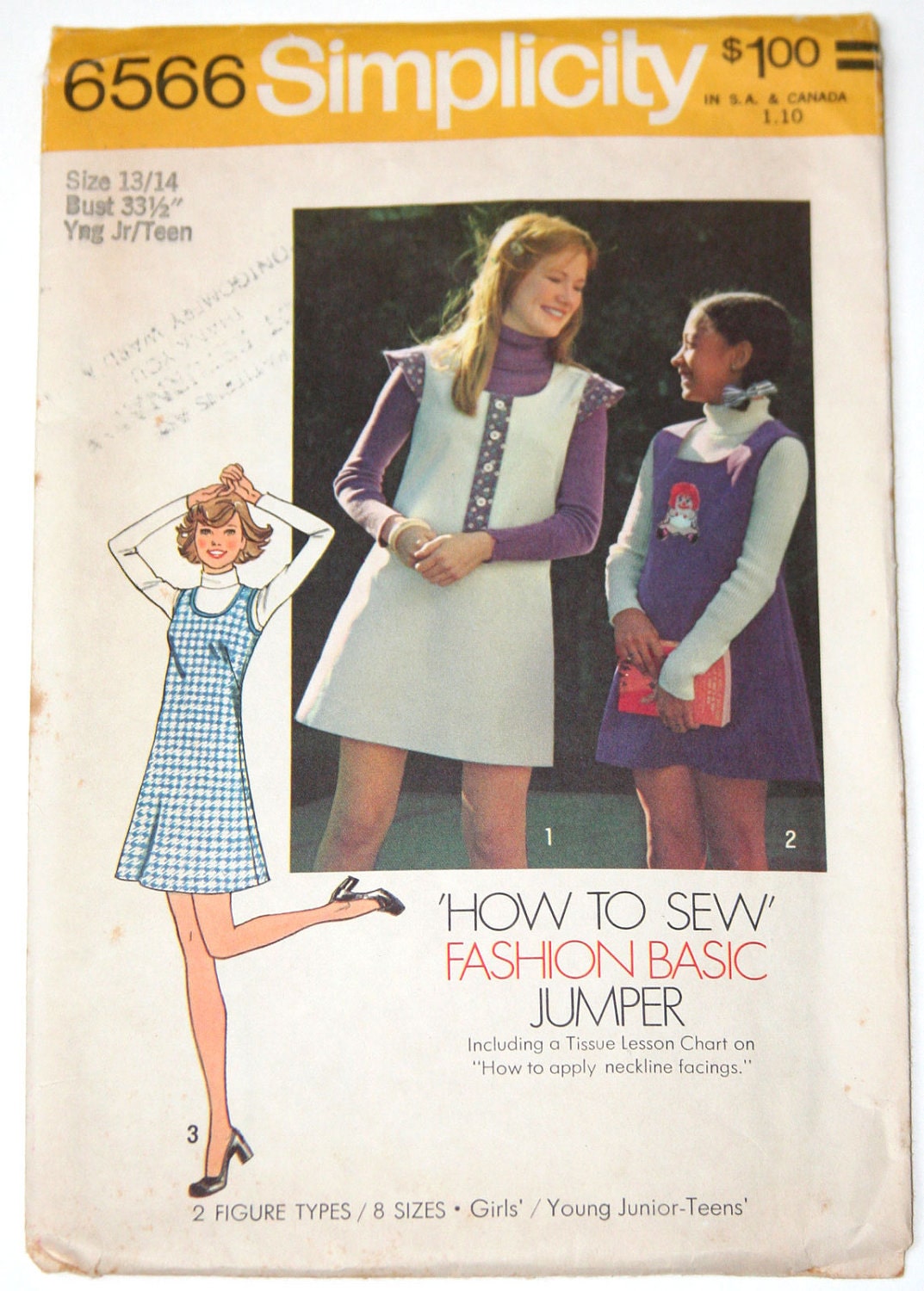Vintage sewing pattern simple jumper or dress - junior teen  - 1970s Simplicity 6566 - 33 bust