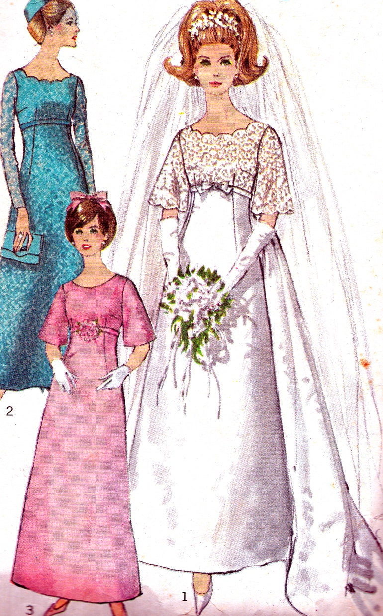 1960s Wedding Dress Pattern Simplicity 6825 Empire Waist Wedding Bridesmaid Dress Scalloped Neck Detachable Train Vintage Sewing Pattern B31
