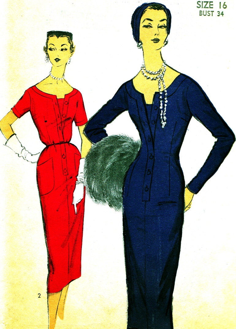 1950s Dress Pattern Advance 6979 Fitted Sheath Dress Wide Neckline Wiggle Dress Womens Vintage Sewing Pattern Bust 34
